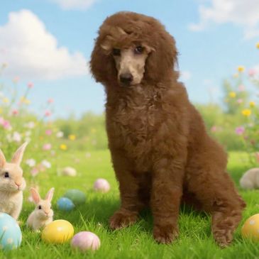 A brown poodle puppy sits among Easter eggs and rabbits in a grassy field.