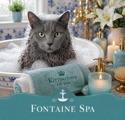 Wet gray cat in a bubble bath at Fontaine Spa with spa towels and candles.