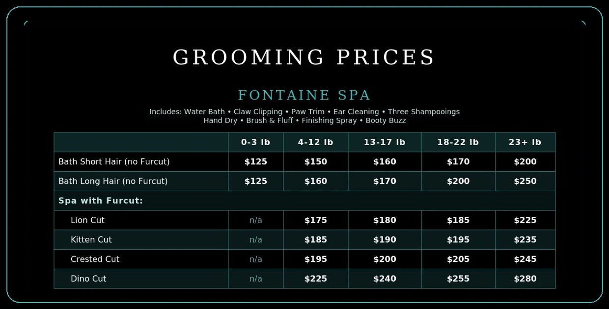 Grooming price chart for Fontaine Spa showing costs based on pet weight and grooming style.