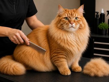 A fluffy orange cat being groomed with a comb.