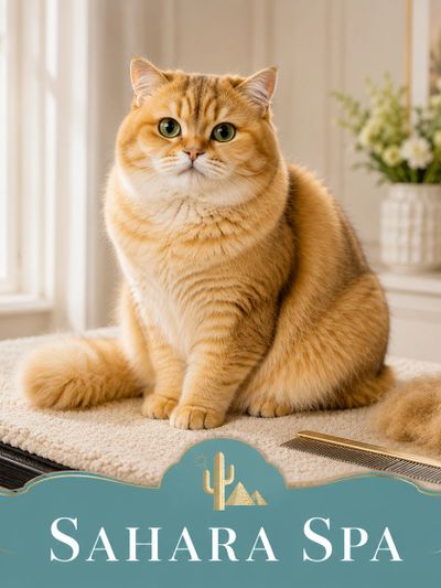 A fluffy orange cat sitting on a spa table with Sahara Spa branding.