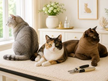 Three cats sitting on a table with a pair of nail clippers.