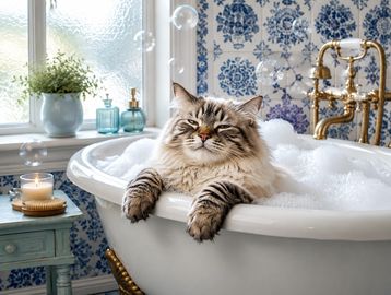 Fluffy cat relaxing in a bubble-filled vintage bathtub.