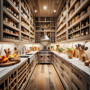 Pantry that is very well organized with a stove at the end