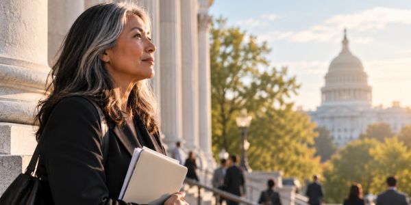 Confident woman standing by government building steps.