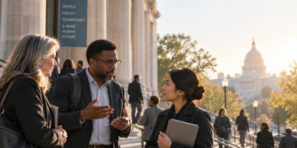 Three professionals discuss outside a government building at sunset.