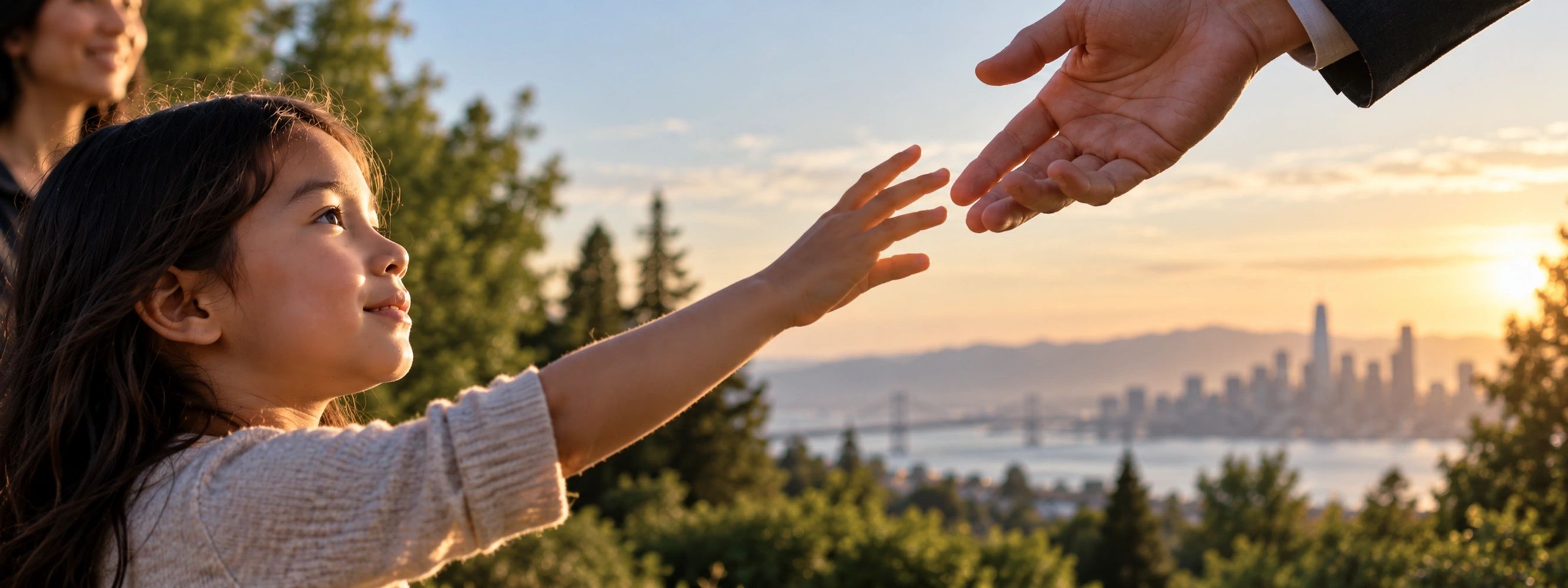 Child reaching toward an adult hand, representing human dignity, protection and the responsibility to keep people at the center of technology.