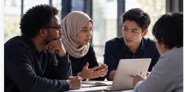 Group of people having a discussion around a laptop.