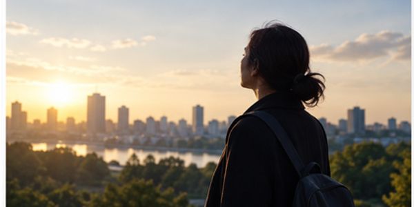 Person overlooking cityscape at sunset.
