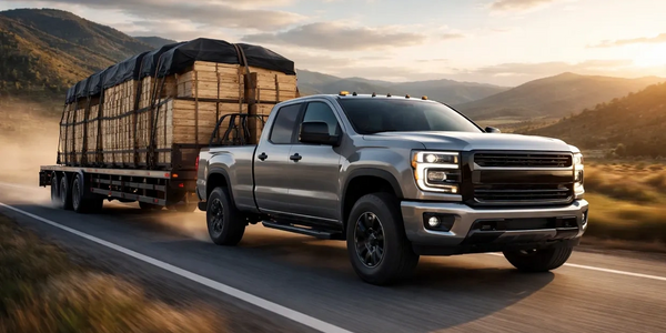 A silver pickup truck towing a large trailer loaded with wooden crates on a highway at sunset.