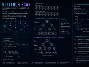 Infographic explaining the Blelloch Scan parallel prefix sum algorithm with examples and performance details.