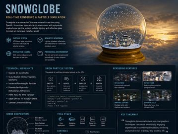 Informative infographic explaining Snowglobe's real-time rendering and particle simulation technology.