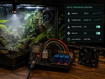 Terrarium controlled by ESP32 with humidity, temperature, misting, and airflow settings.