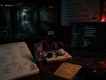 A dark surveillance tunnel scene with coding and electronic equipment setup.