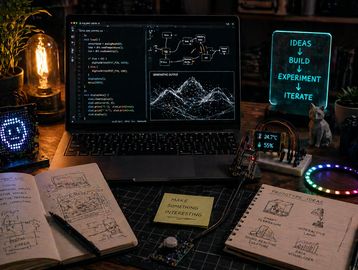 A cozy workspace with coding, sketches, and inspirational notes.