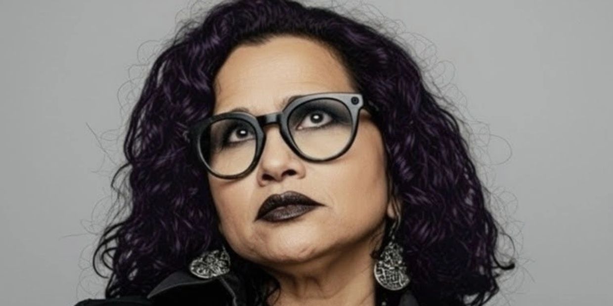Woman with curly purple hair and black glasses looking upward.