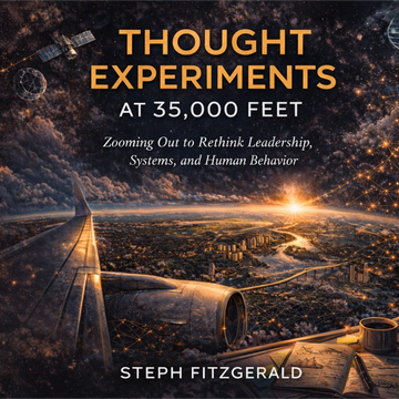 Book cover showing a city from an airplane window at sunset with the title Thought Experiments at 35,000 Feet.