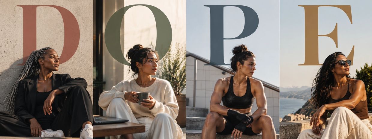 Four women each posed with large letters spelling DOPE.