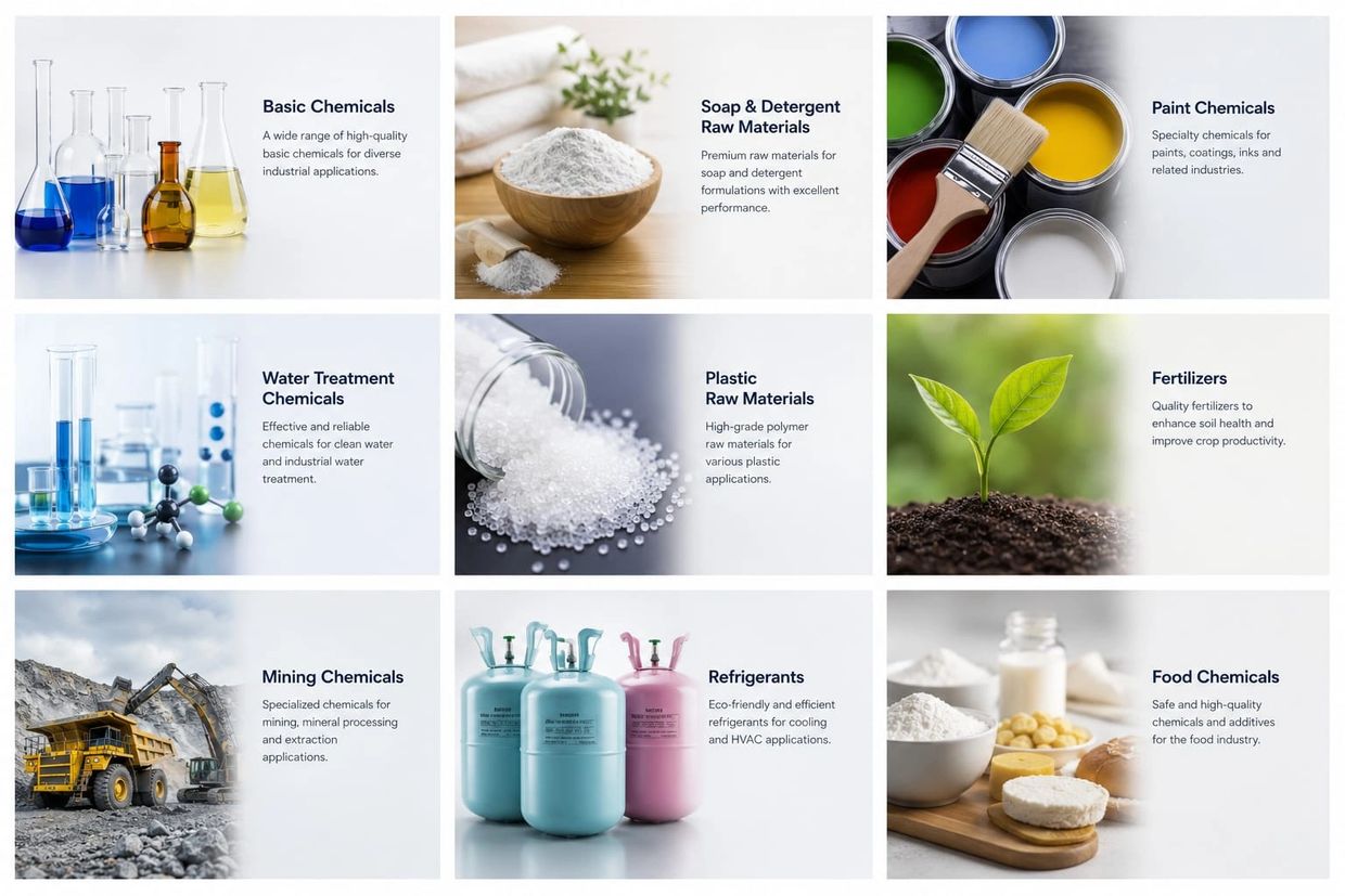 Various industrial chemicals and raw materials displayed with descriptions.
