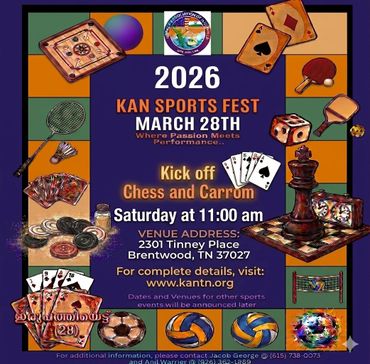 2026 KAN Sports Fest poster with chess and carrom kickoff details.