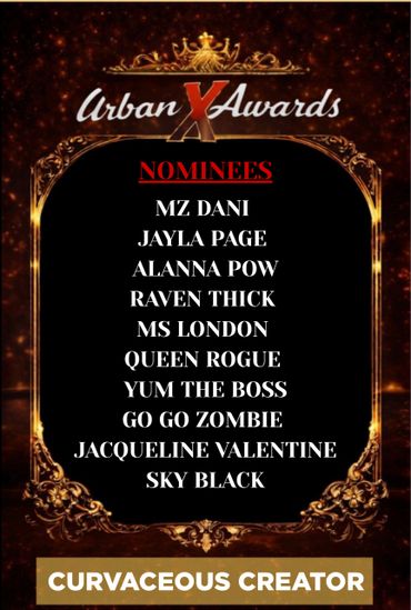Urban X Awards nominees for Curvaceous Creator category listed on ornate background.