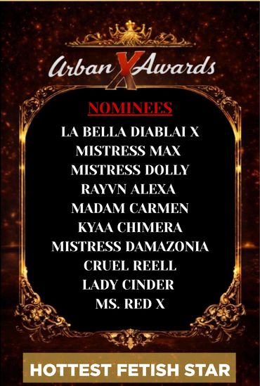 Urban X Awards nominees for Hottest Fetish Star category listed on a decorative poster.