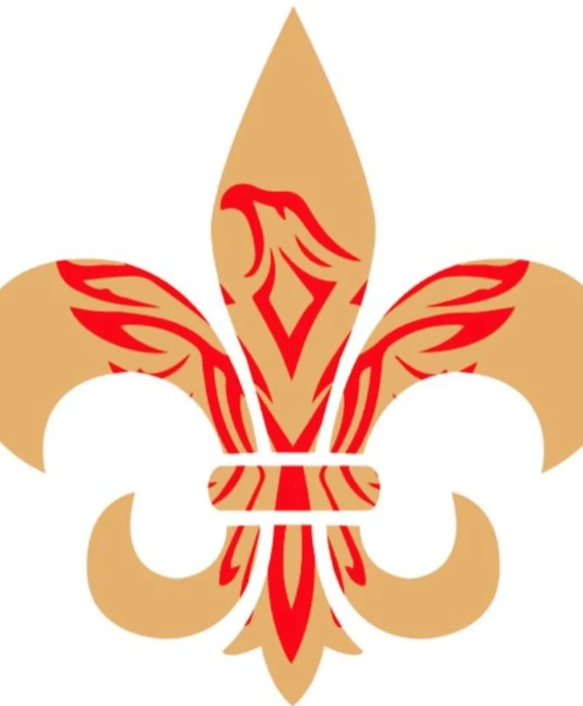 Fleur-de-lis symbol with red tribal eagle design overlay on beige.