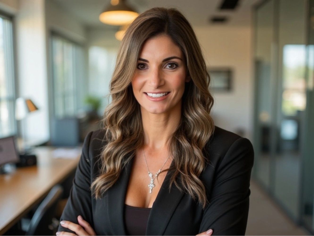 Confident woman in business attire smiling in an office setting.