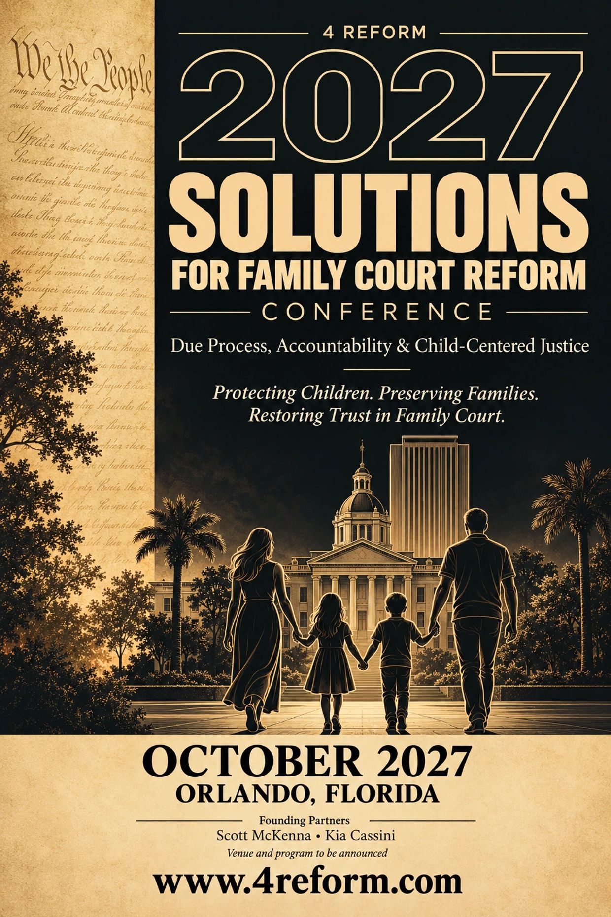 2027 Solutions for Family Court Reform Conference poster with family illustration.