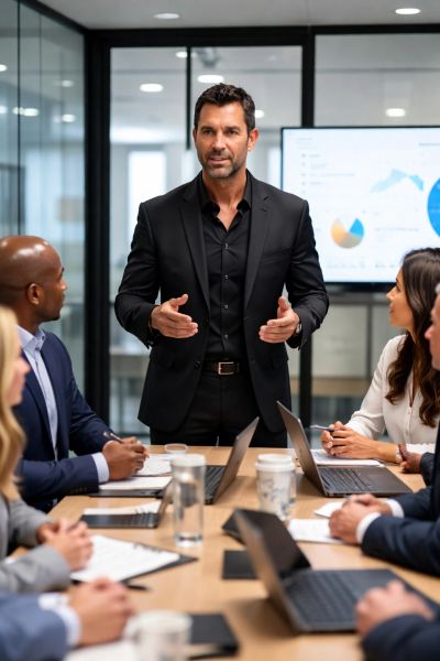 Business leader presenting in a meeting room.