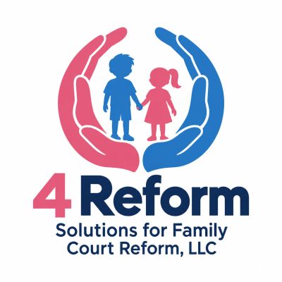 Logo depicting family court reform with protective hands and children.