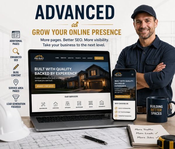 Advanced contractor website plan featuring SEO, blog content, and lead generation tools.