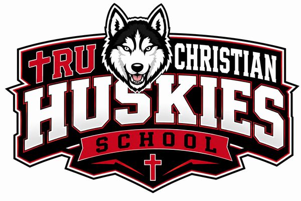 Logo of Tru Christian Huskies School with a husky and cross symbols.