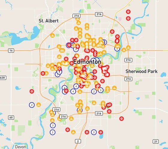 Map of Edmonton showing various marked locations with different symbols.