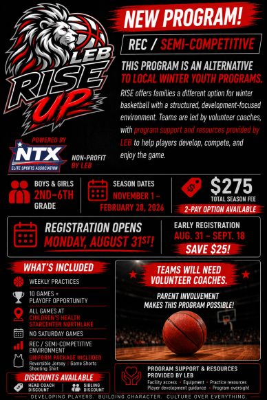 Rise Up rec semi-competitive basketball program for 2nd-6th graders.
