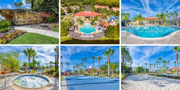 Terra Verde Resort collage. Rock, clubhouse, pool, hot tub, basketball and volleyball