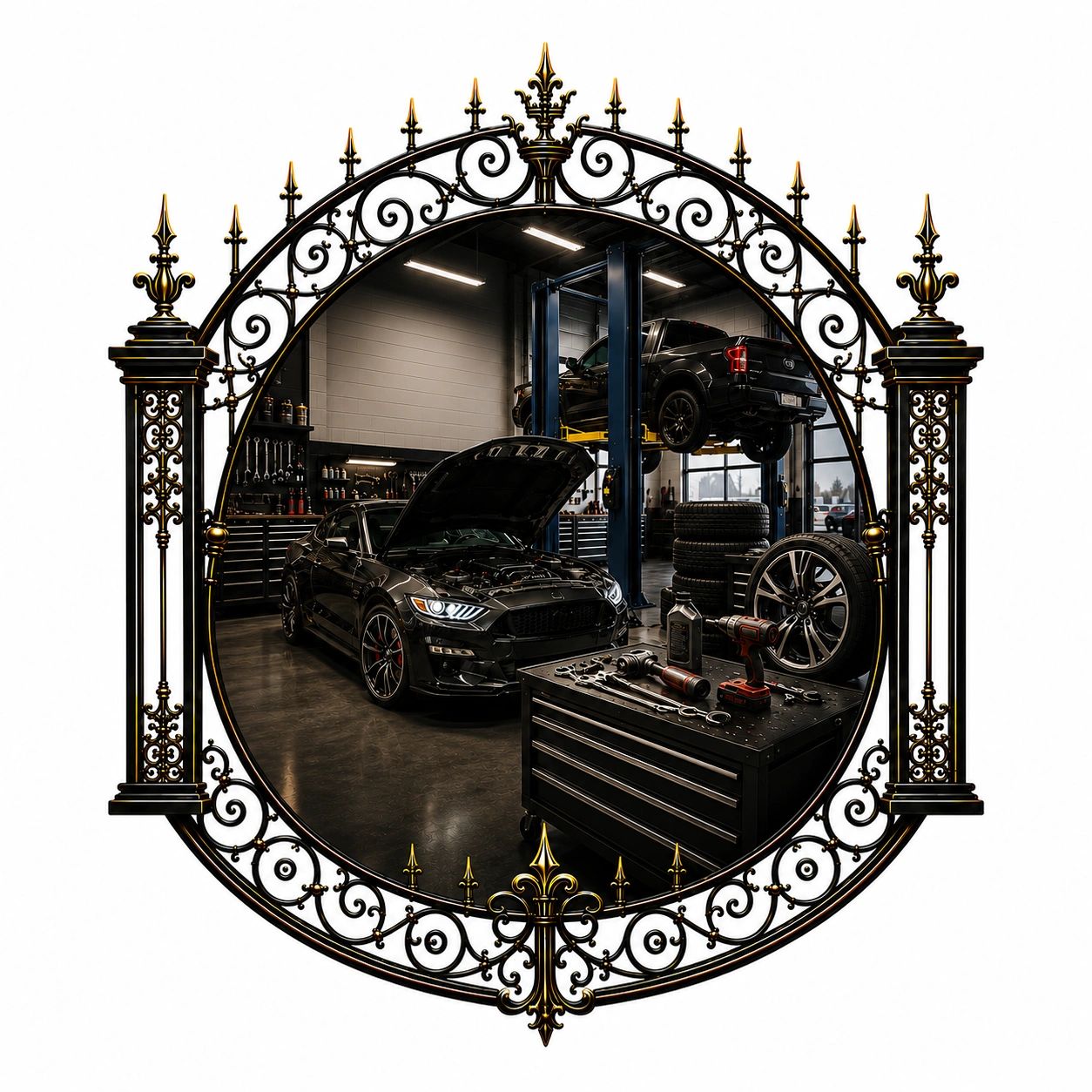 Car repair shop framed by ornate gate.
