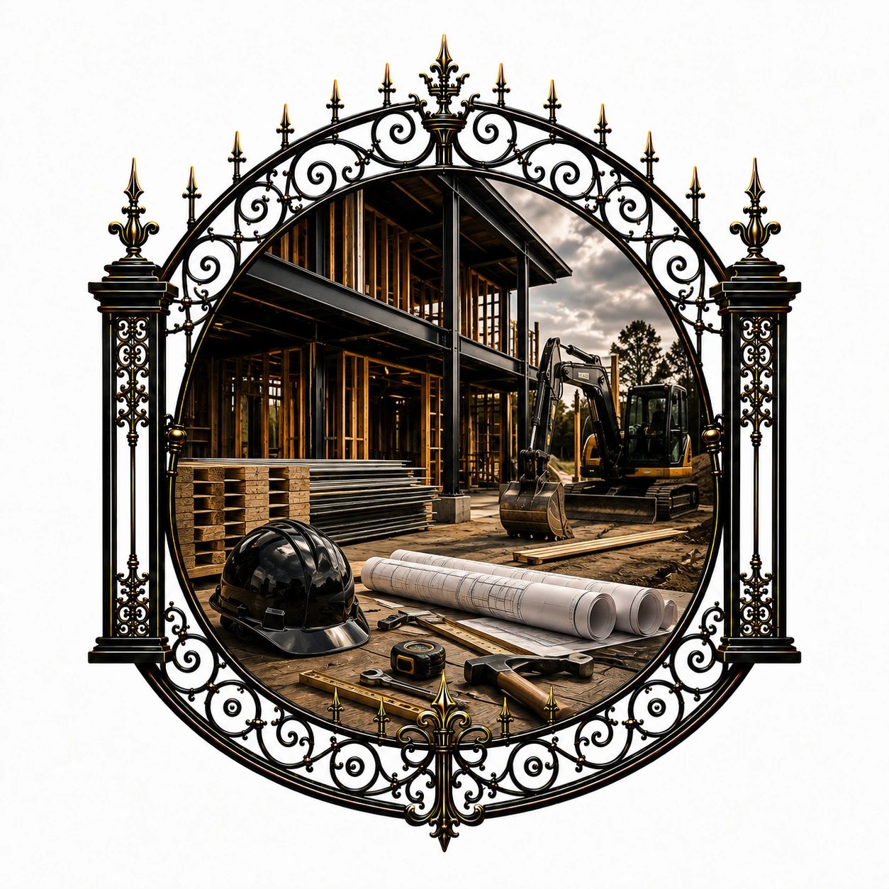 Construction site framed by ornate wrought iron design.