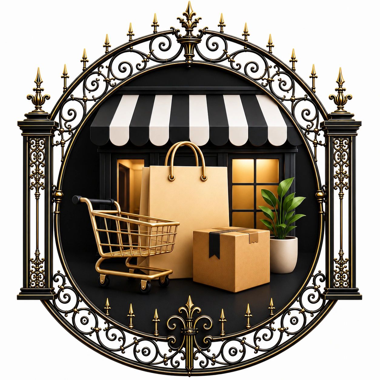 Elegant shopping theme with gold accents and ornamental frame.