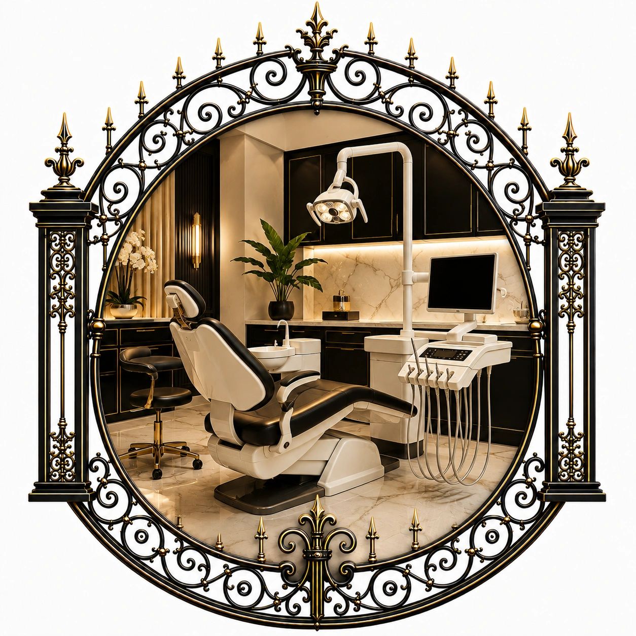 Elegant dental office with black and gold decor.
