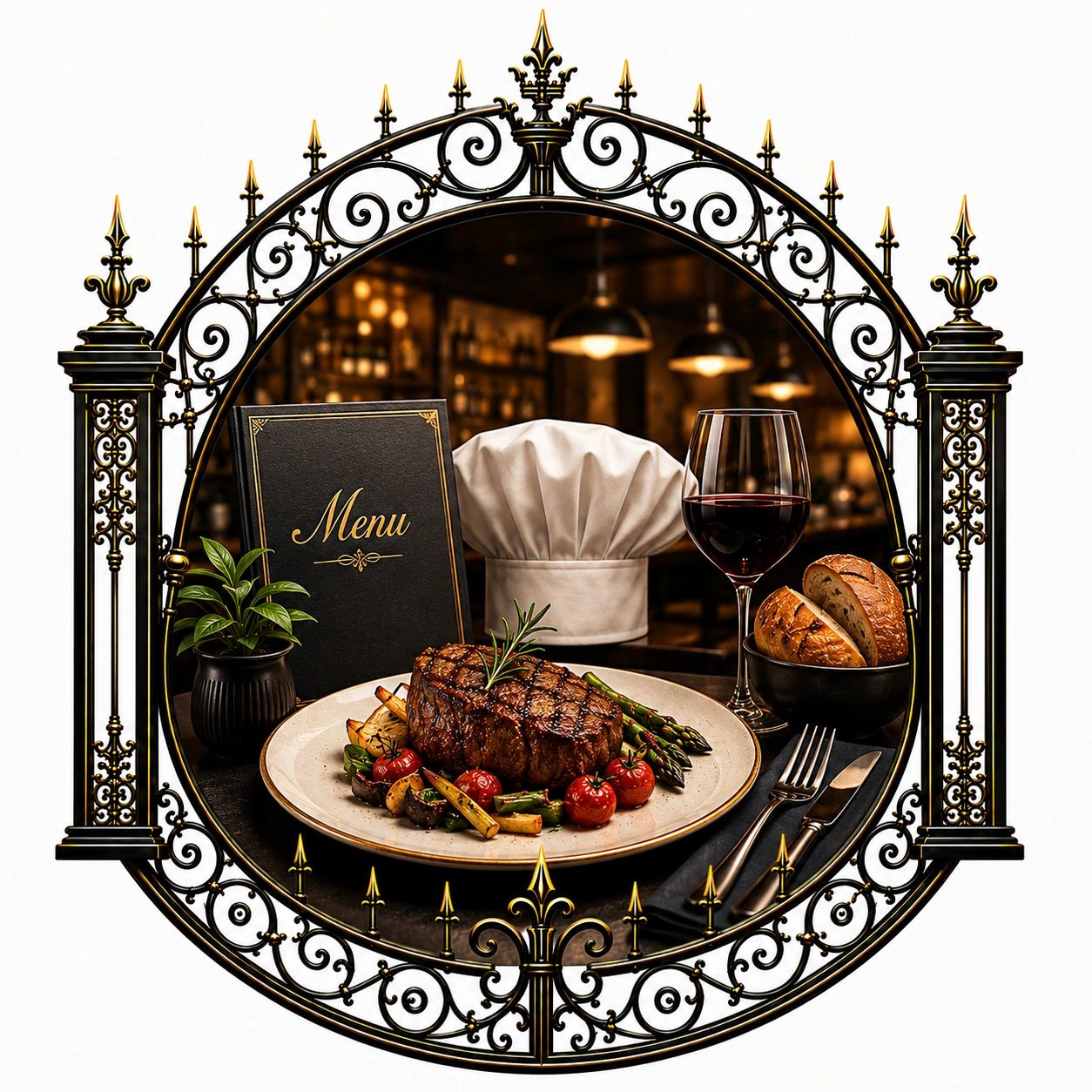 Elegant steak dinner with wine and bread in decorative setting.