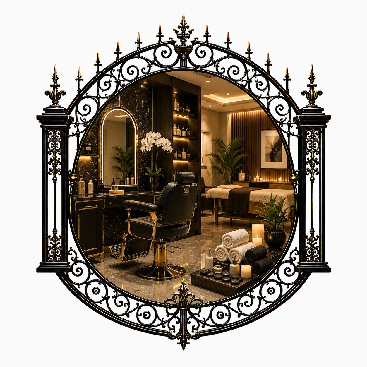 Elegant spa room reflected in ornate round mirror.