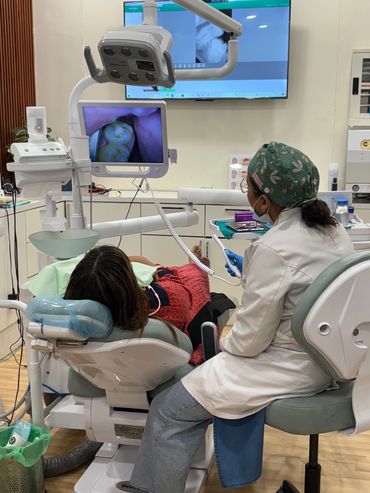 Dentist examining patient's tooth with digital monitor.