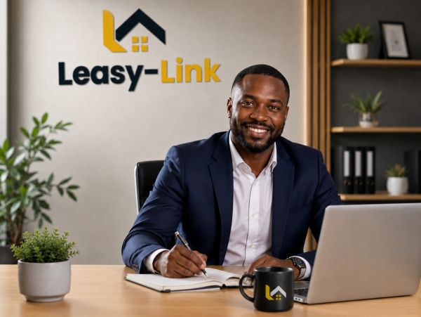 Smiling businessman working at a desk with Leasy-Link logo.