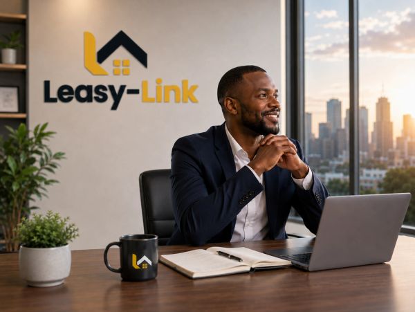 Businessman working in an office with a city view.