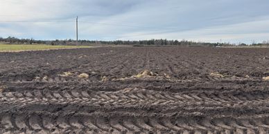 Freshly plowed farmland with clear tire tracks under a cloudy sky.