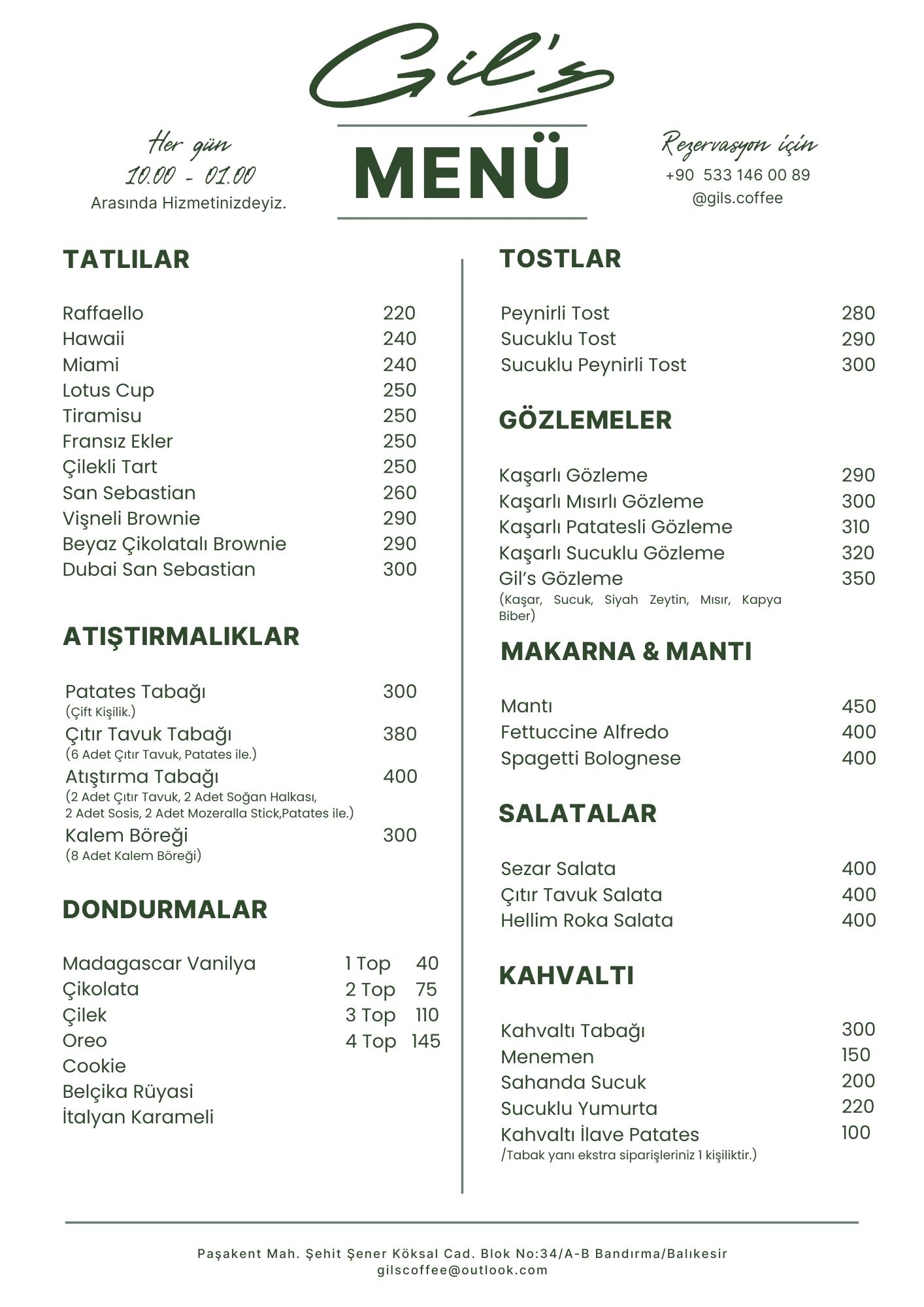 Gil's menu featuring desserts, snacks, ice creams, toasts, gözleme, pasta, salads, and breakfast items with prices.