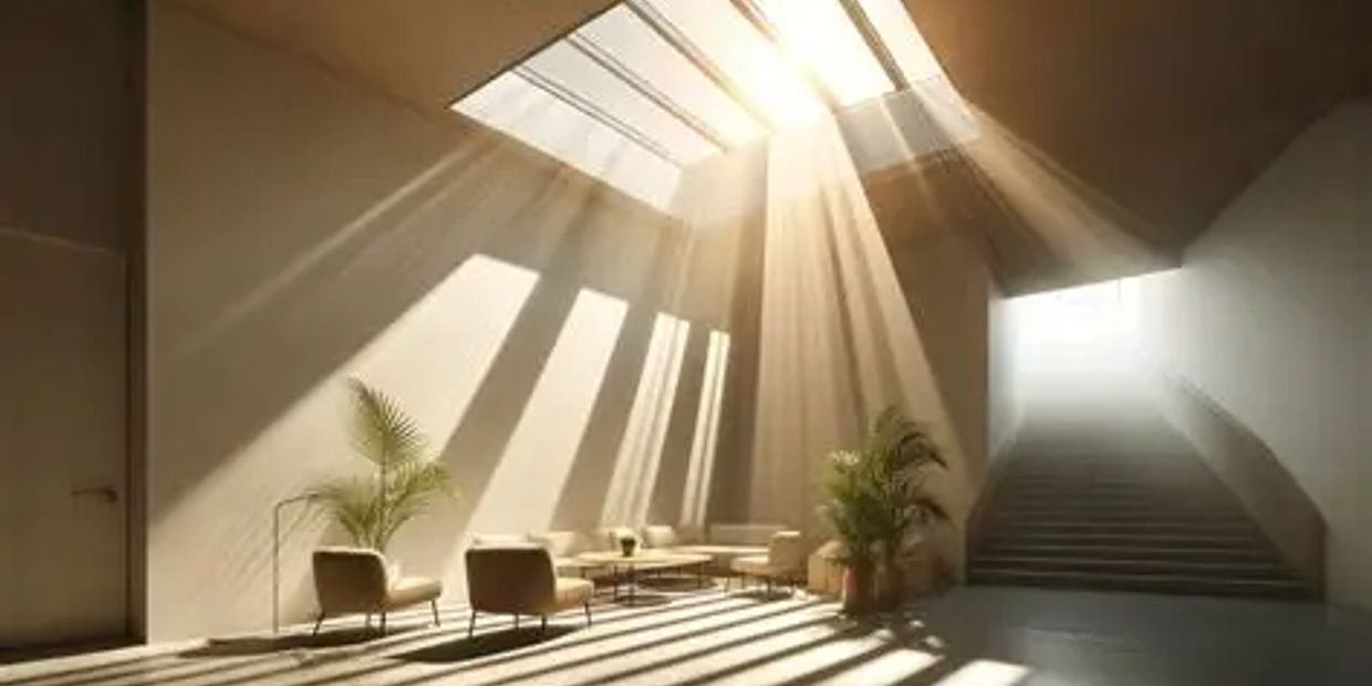 Sunlight pours through large skylights into a modern, cozy seating area with plants.