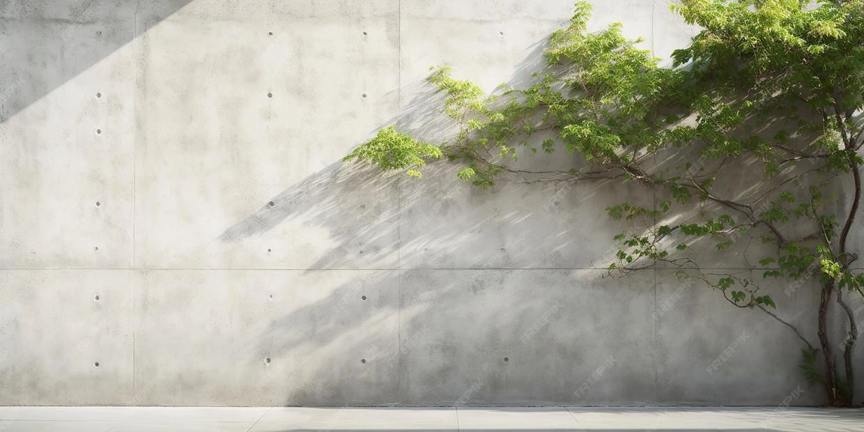 Green tree branches casting shadows on a concrete wall.