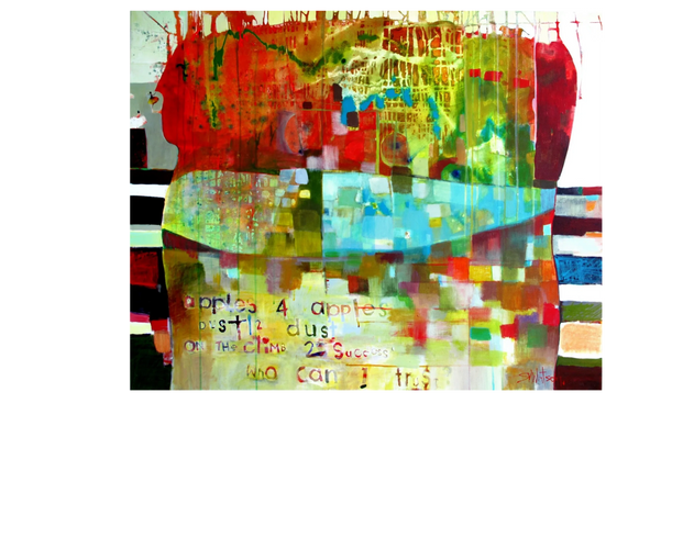 Colorful abstract painting with text about apples, dust, and trust.